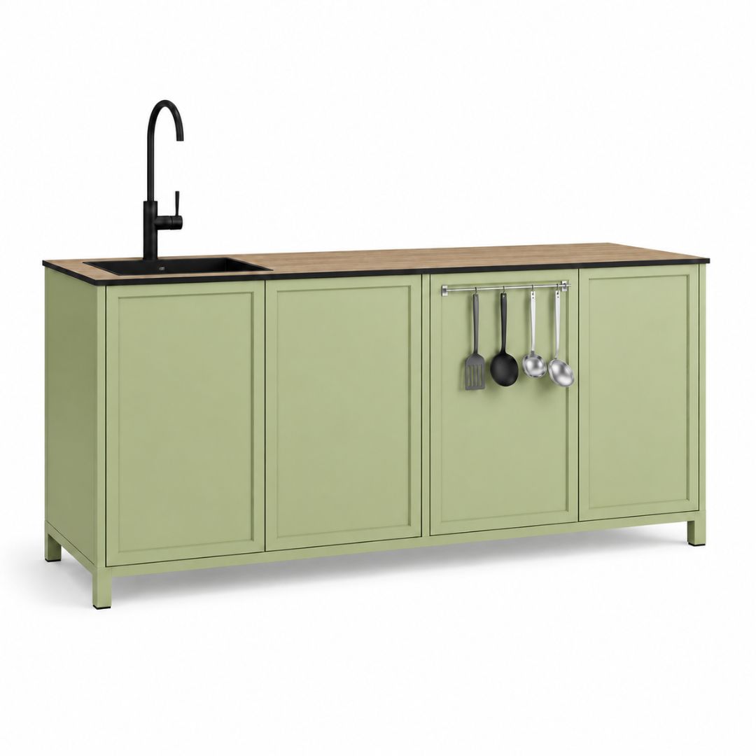cocina exterior lineal verde en aluminio