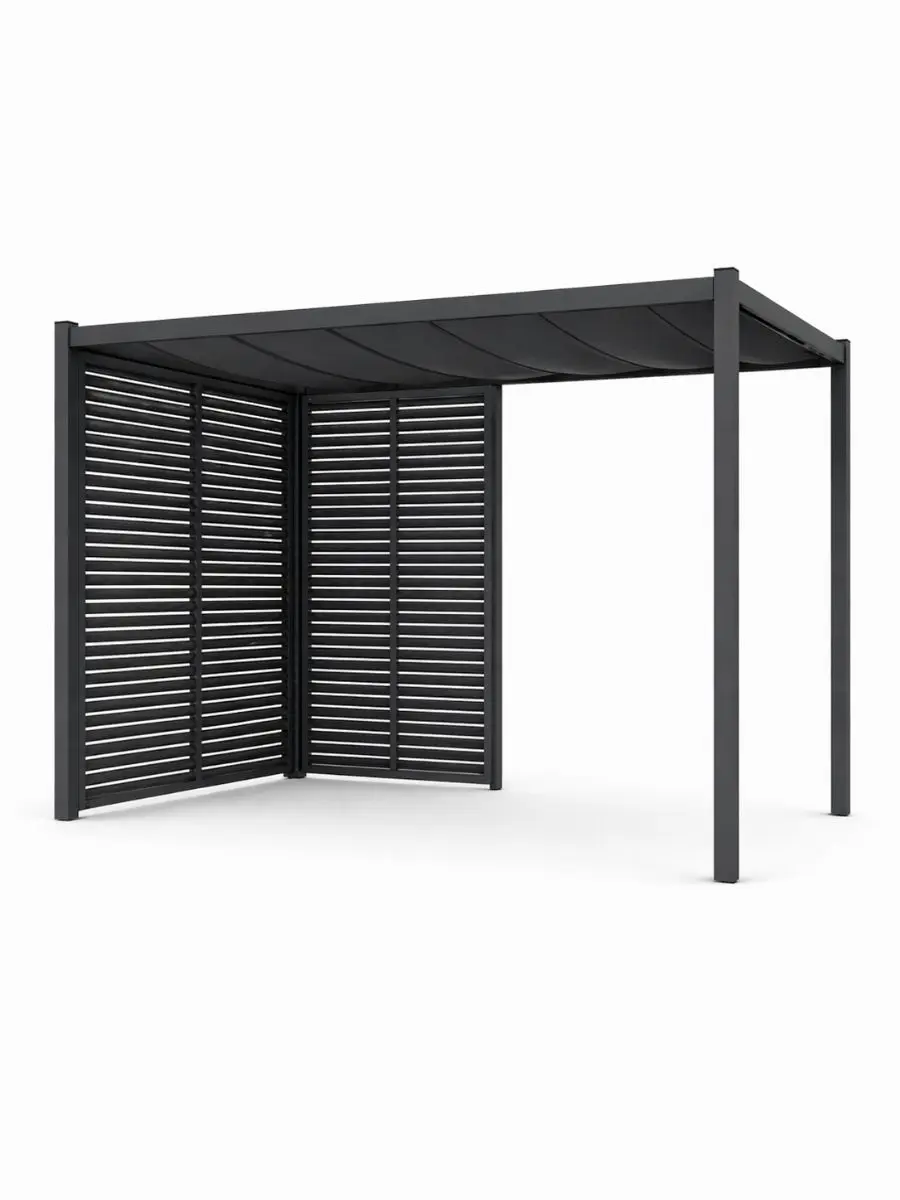 Pérgola de aluminio con lamas laterales y frente abierto