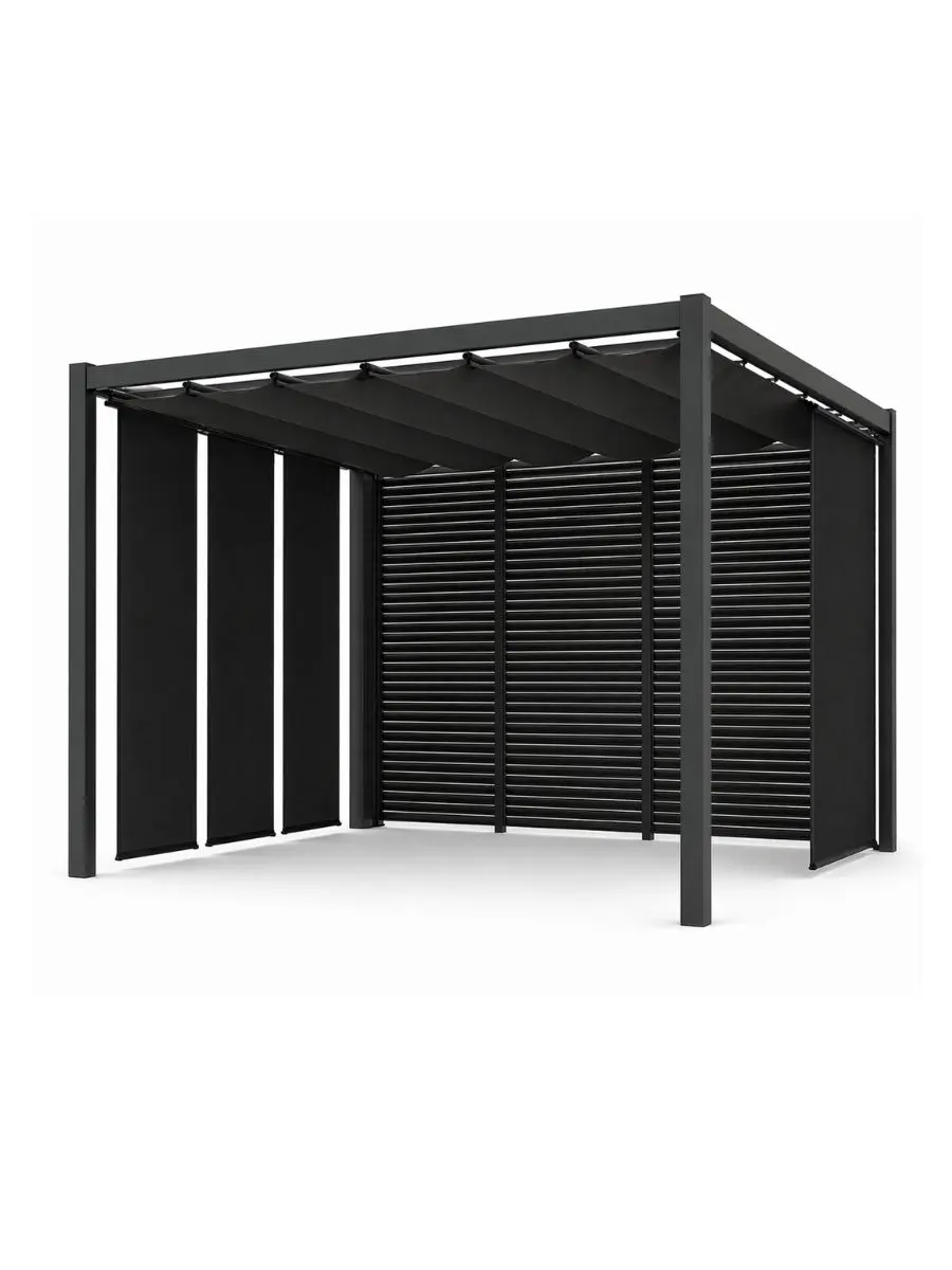 Pérgola aluminio con toldo retráctil y estores | A medida